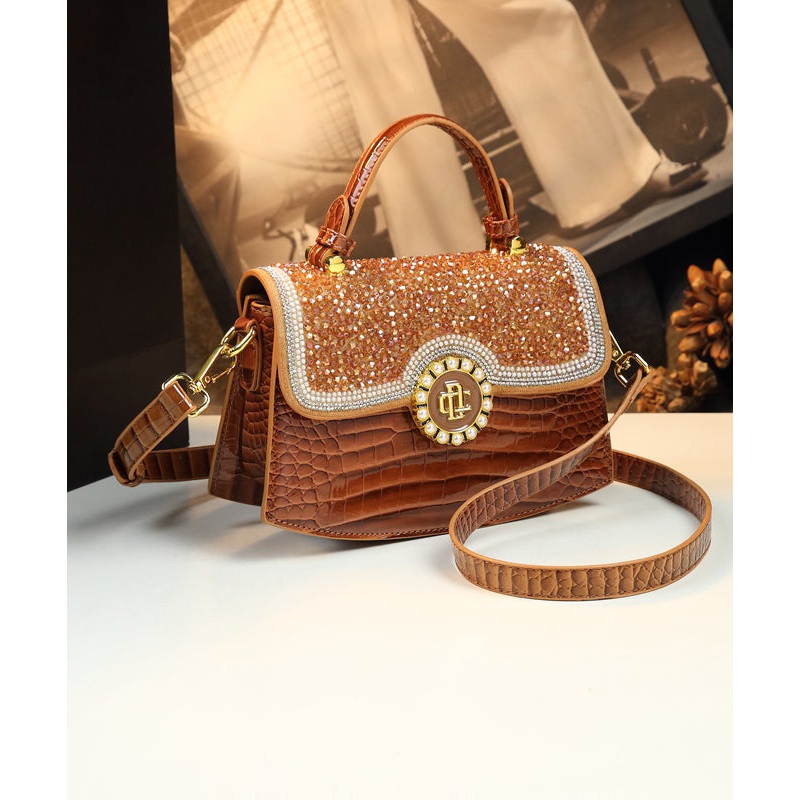 Chic Brown Zircon Durable Calf Leather Messenger Bag