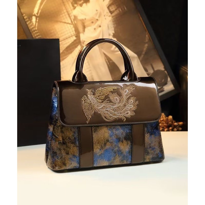 Chic Coffee Blue Phoenix Embroideried Calf Leather Tote Handbag