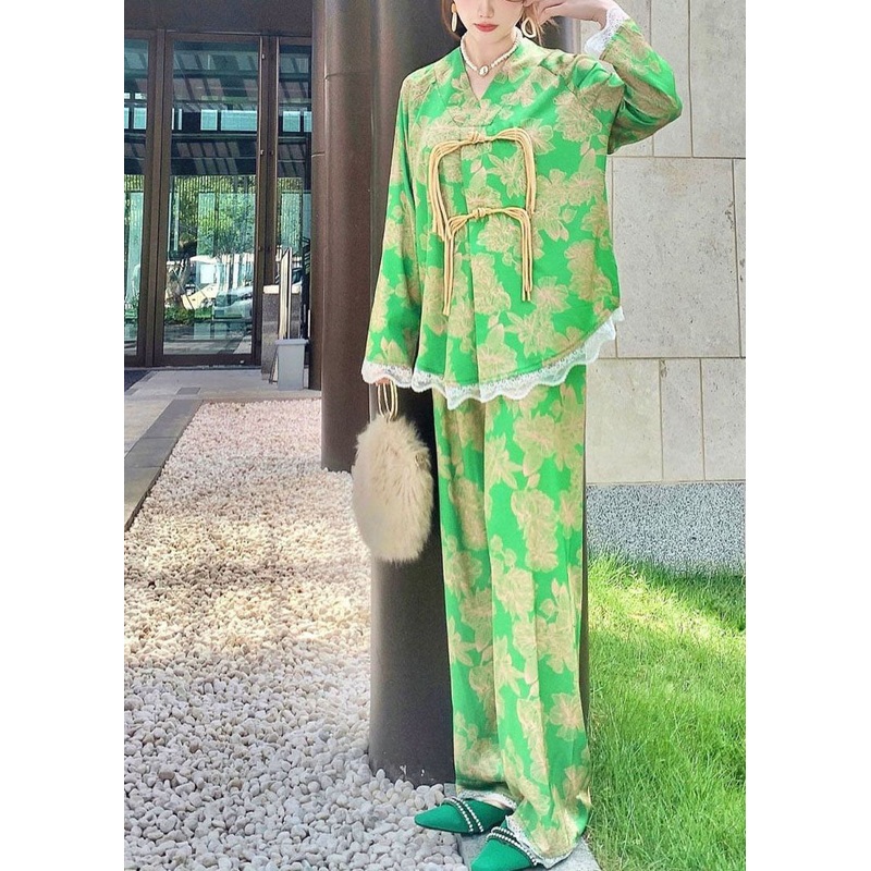 Chic Green Oriental Button Lace Patchwork Ice Silk Pajamas Two Pieces Set Spring