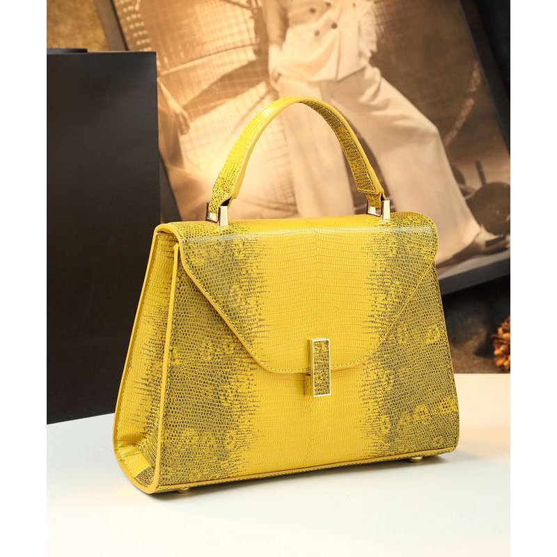 Chic Yellow Embossed Durable Calf Leather Tote Handbag