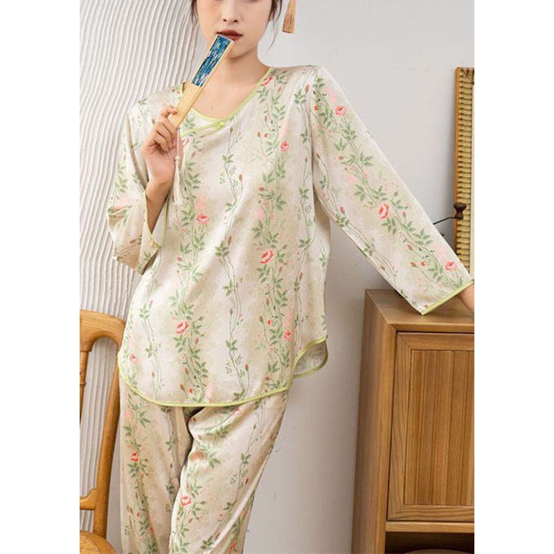 Chinese Style Green Print Ice O-Neck Ice Silk Pajamas Two Pieces Set Spring