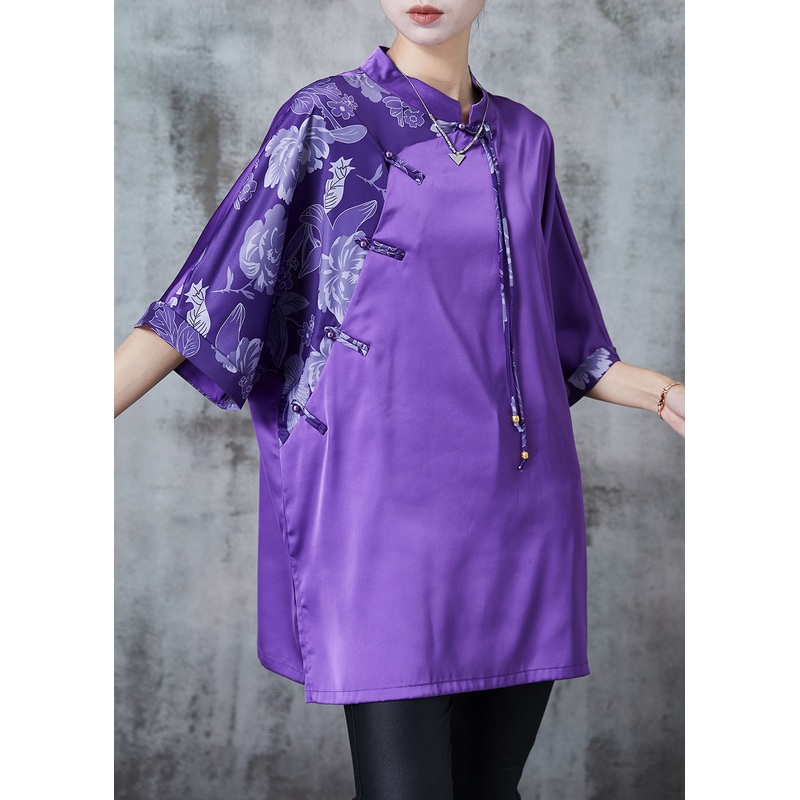 Chinese Style Purple Tasseled Patchwork Silk Shirt Summer