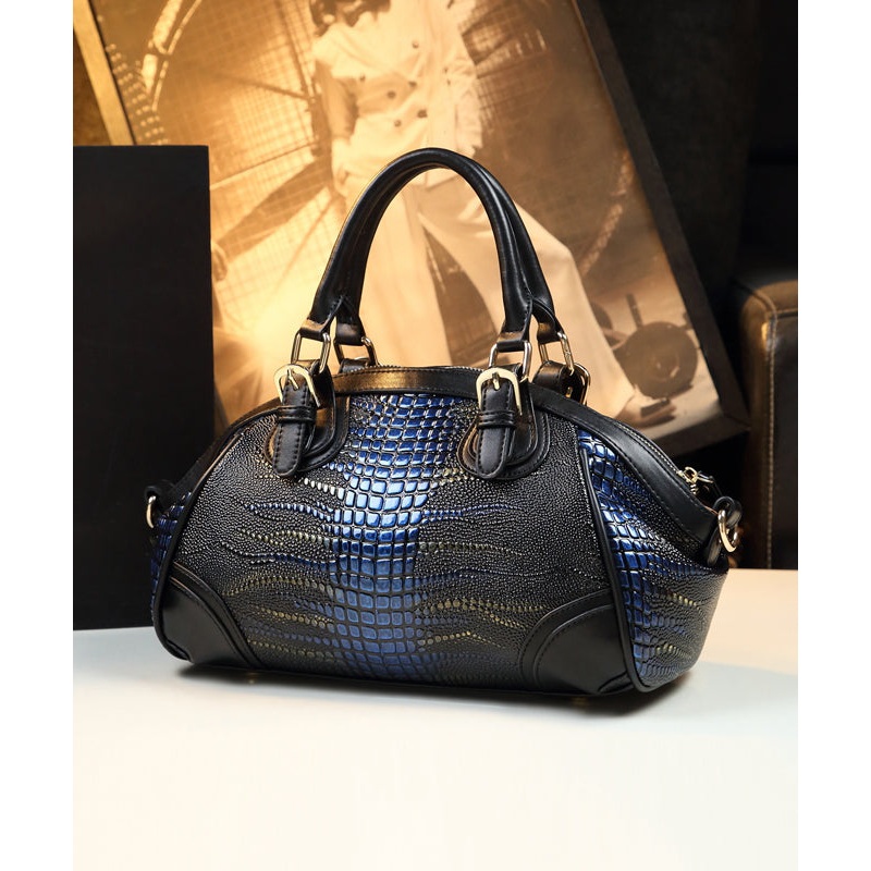 Classy Black Blue Versatile Calf Leather Tote Handbag