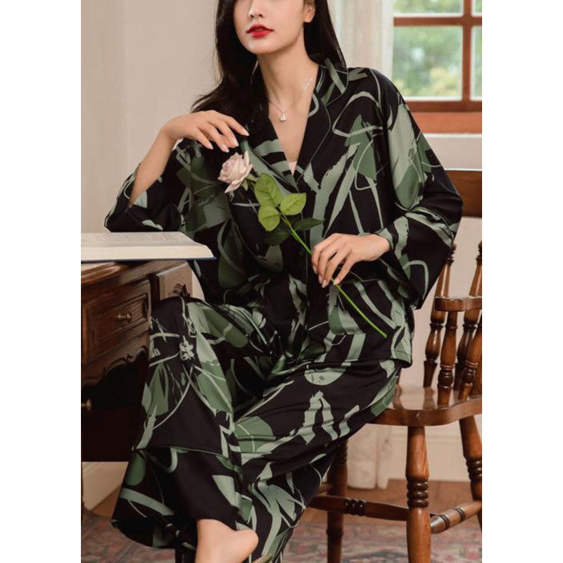 Classy Blackish Green Peter Pan Collar Print Ice Silk Pajamas Women Sets 2 Pieces Spring