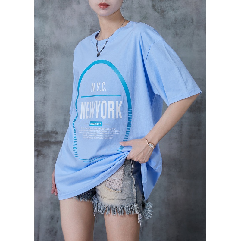 Classy Sky Blue Oversized Print Cotton Tanks Summer