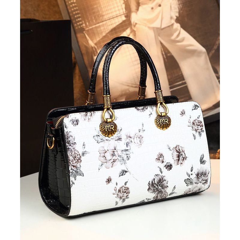 Classy Versatile White Embossed Calf Leather Tote Handbag