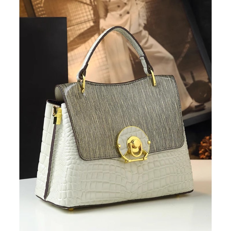 Classy White Embossed Large Capacity Calf Leather Tote Handbag