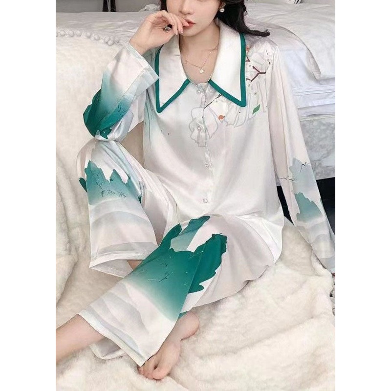 Classy White Mountains-and-waters Painting Ice Silk Pajamas Two Piece Set Women Clothing Spring