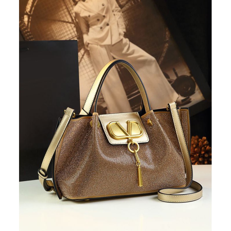 Fashion Gold Zircon Large Capacity Calf Leather Tote Handbag