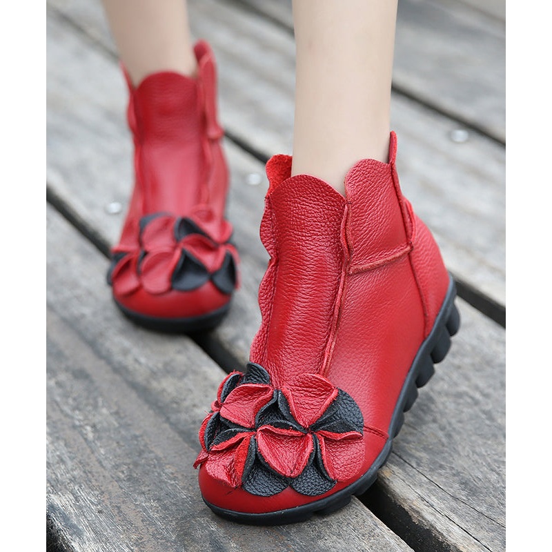 Fine Red Cowhide Leather Flower Ankle Boots