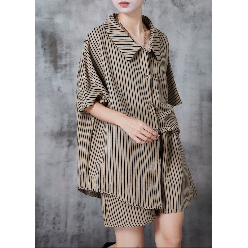 Fitted Khaki Oversized Striped Cotton Two Pieces Set Summer