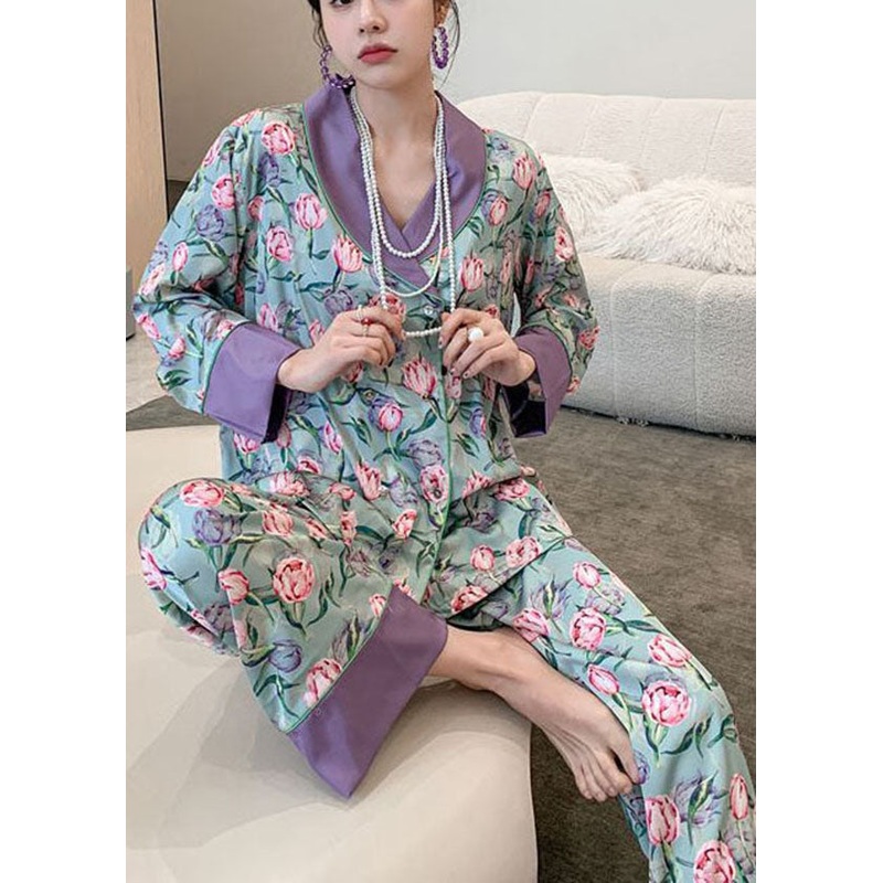 Fitted Purple V Neck Patchwork Print Ice Silk Pajamas Two Pieces Set Spring