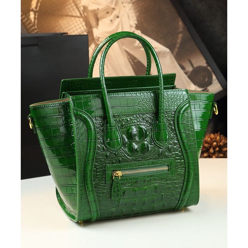 French Green Embossed Zippered Calf Leather Tote Handbag