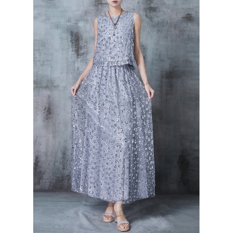 French Grey Sequins Floral Back Lace Up Silk Two Pieces Set Summer