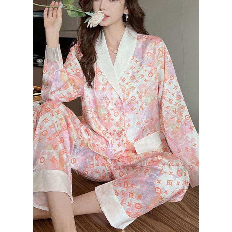 French Light Pink V Neck Patchwork Print Ice Silk Pajamas Two Pieces Set Spring