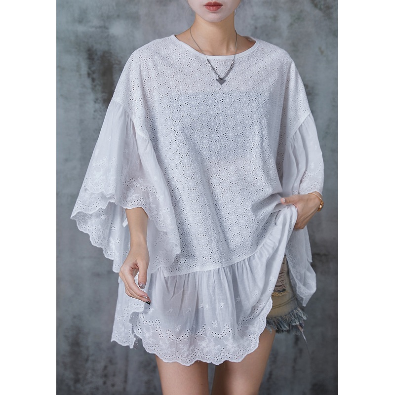 French White Oversized Patchwork Hollow Out Tank Batwing Sleeve