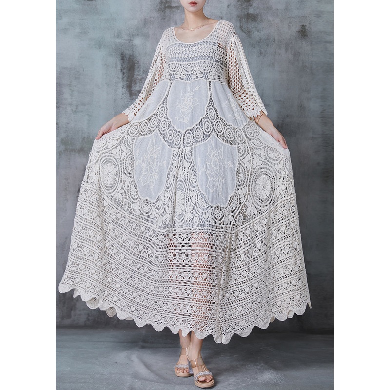 Handmade Beige Embroidered Hollow Out Knit Dress Summer