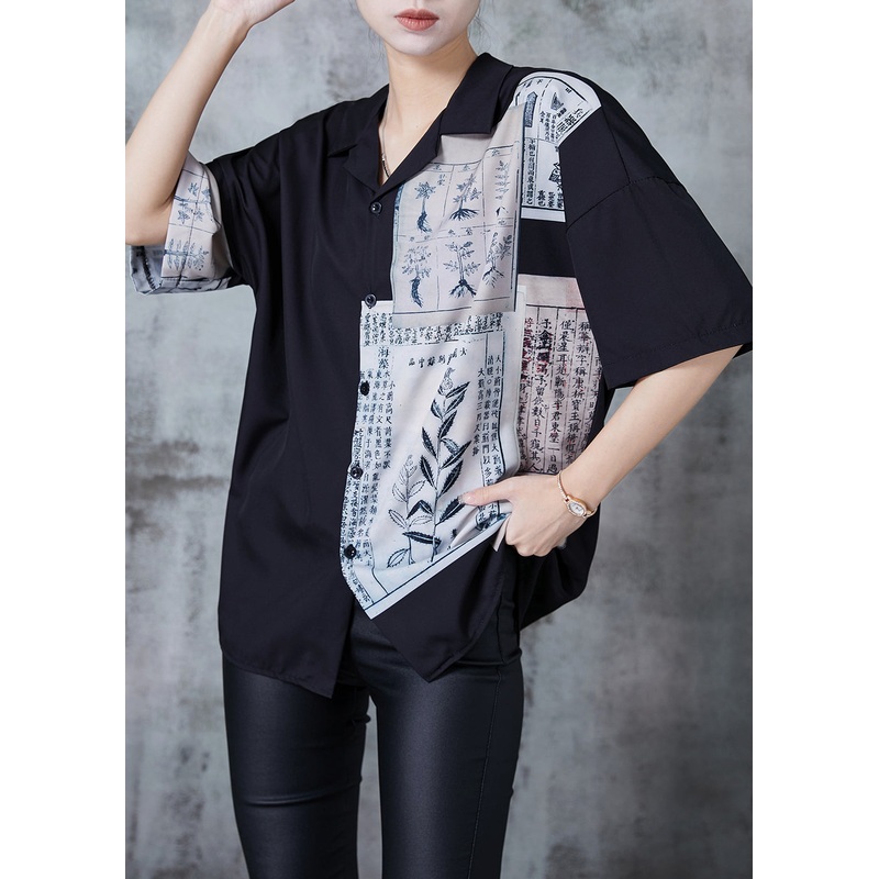 Handmade Black Oversized Print Chiffon Blouses Summer