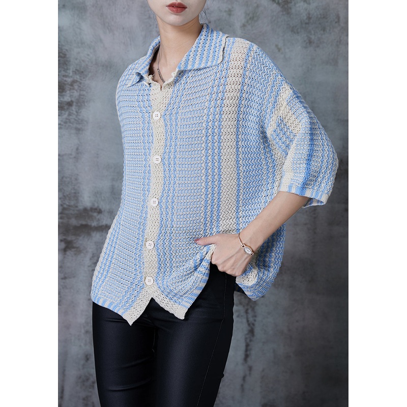 Handmade Blue Oversized Print Knit Shirt Summer