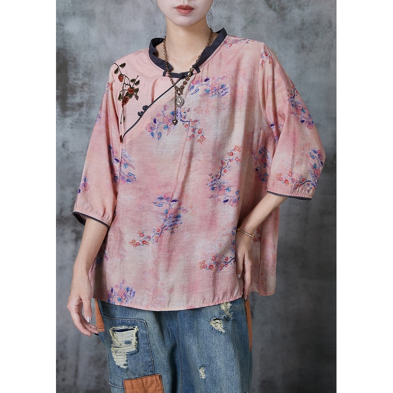 Handmade Pink Embroidered Print Linen Blouses Summer