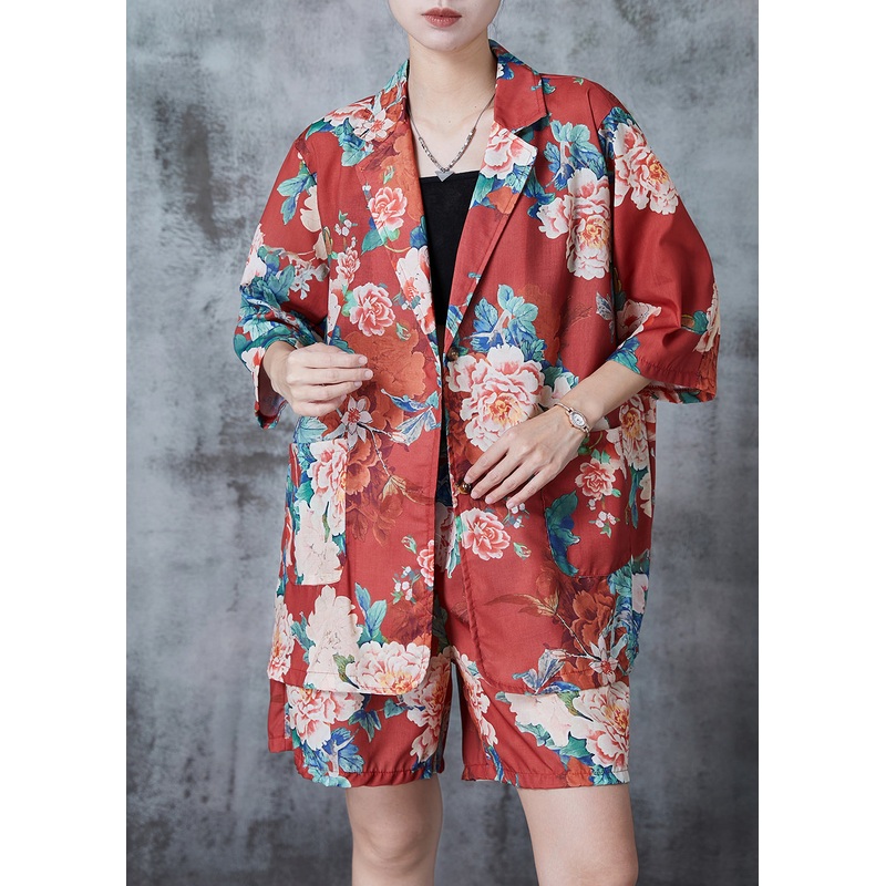 Handmade Red Oversized Floral Linen Two Piece Set Summer