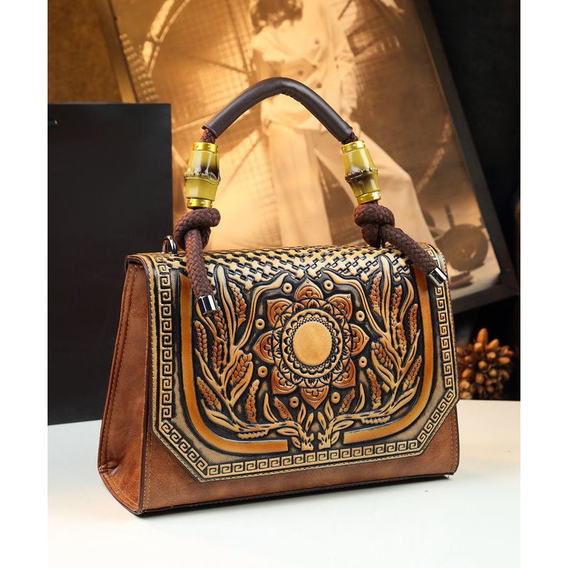 Handmade Retro Brown Embossed Calf Leather Tote Handbag