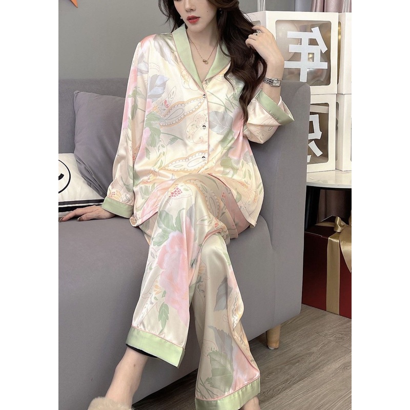 Italian Oversized Patchwork Print Ice Silk Pajamas Two Pieces Set Spring