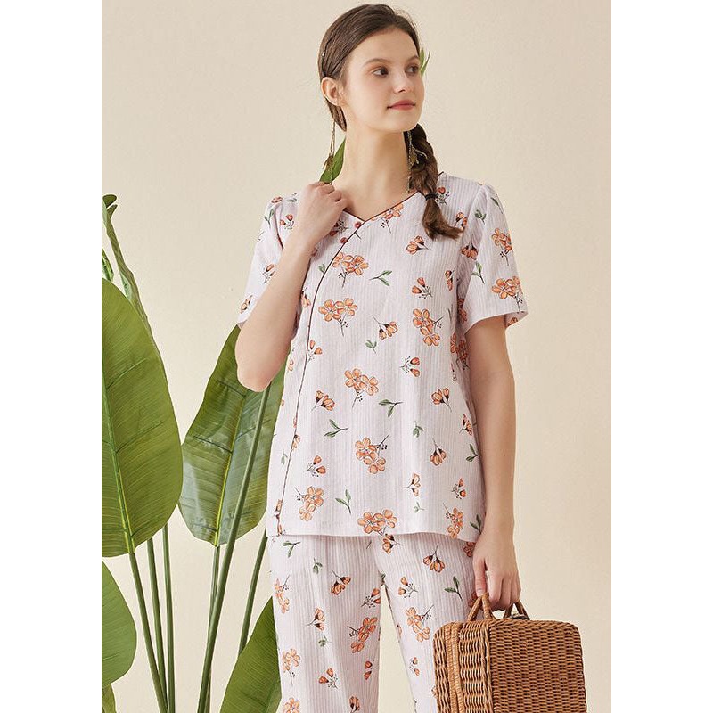Light Purple Print Cotton Pajamas Two Piece Set Oversized V Neck Short Sleeve