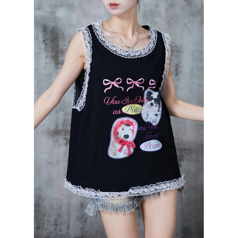 Modern Black Print Patchwork Lace Beach Vest Summer