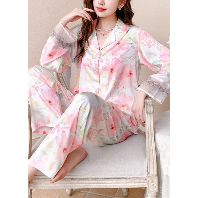 Modern Pink Print Peter Pan Collar Patchwork Ice Silk Pajamas Two Pieces Set Spring