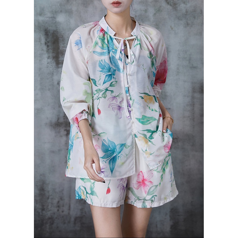 Modern White Print Lace Up Chiffon Two Pieces Set Summer