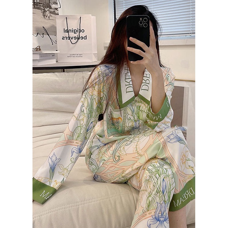 Natural Light Green Peter Pan Collar Print Ice Silk Pajamas Two Pieces Set Spring