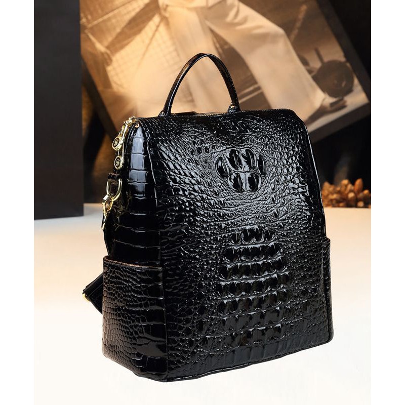New Black Embossed Large Capacity Calf Leather Backpack Bag