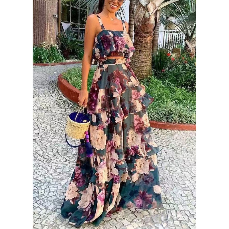 New Photo Color Print Tank And Skirts Two Pieces Set Sleeveless