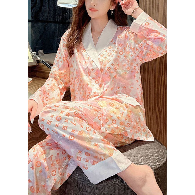 Organic Orange Original Design Print Patchwork Ice Silk Pajamas Two-Piece Set Spring