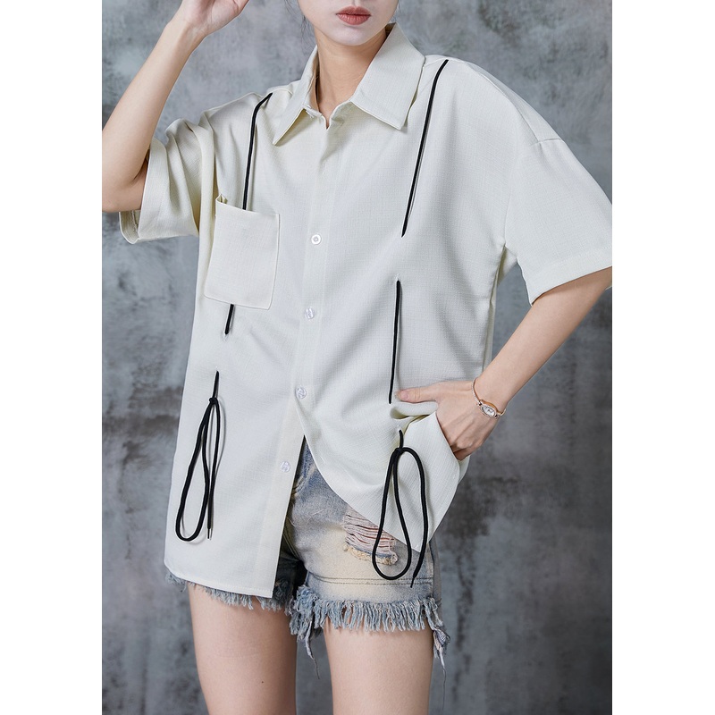 Original Design White Oversized Drawstring Cotton Shirt Summer