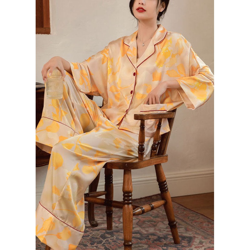 Plus Size Yellow Oversized Print Ice Silk Pajamas Women Sets 2 Pieces Batwing Sleeve