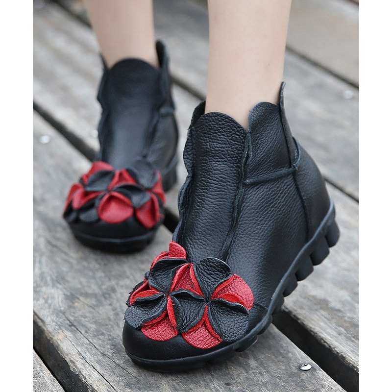 Retro Black Cowhide Leather Splicing Ankle Boots