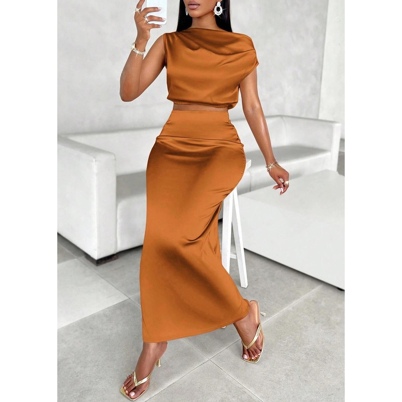 Simple Orange Solid Tops And Skirts Silk Two Pieces Set Summer