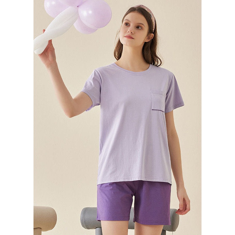 Simple Purple O-Neck Pocket Comfy Modal Cotton Pajamas Two Pieces Set Summer