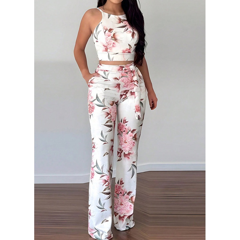 Slim Fit Pink Print Lace Up Tank And Pants Cotton Two Pieces Set Sleeveless