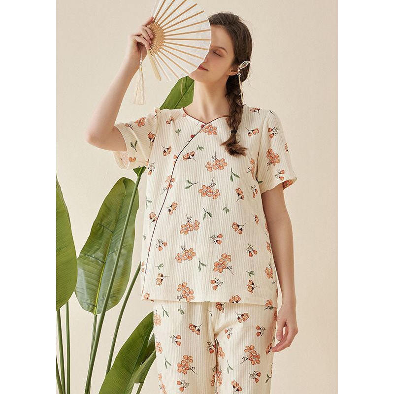 Style Beige V Neck Patchwork Print Cotton Pajamas Two Piece Set Short Sleeve
