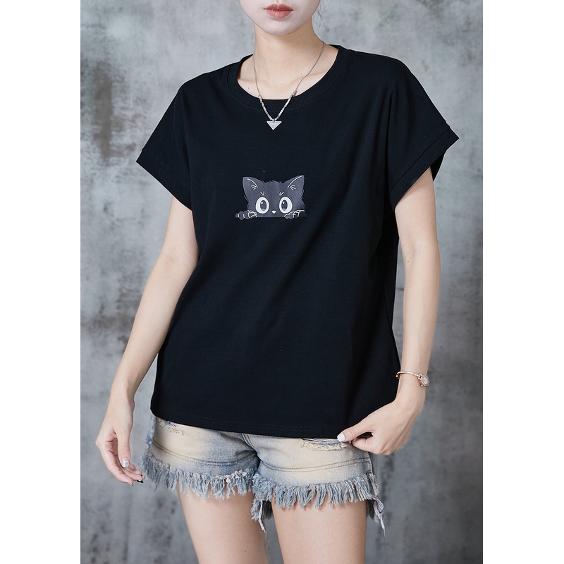 Stylish Black Cat Print Cotton Tank Tops Summer