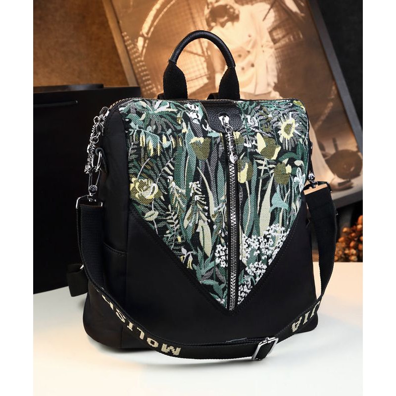 Stylish Boutique Black Print Patchwork  Calf Leather Backpack Bag