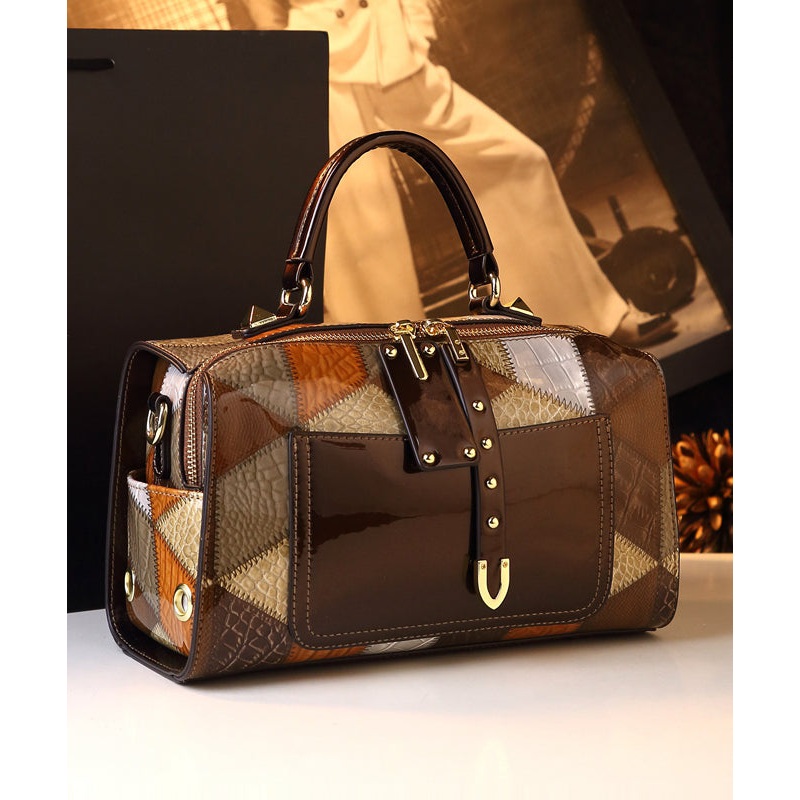 Stylish Coffee Patchwork Calf Leather Tote Handbag