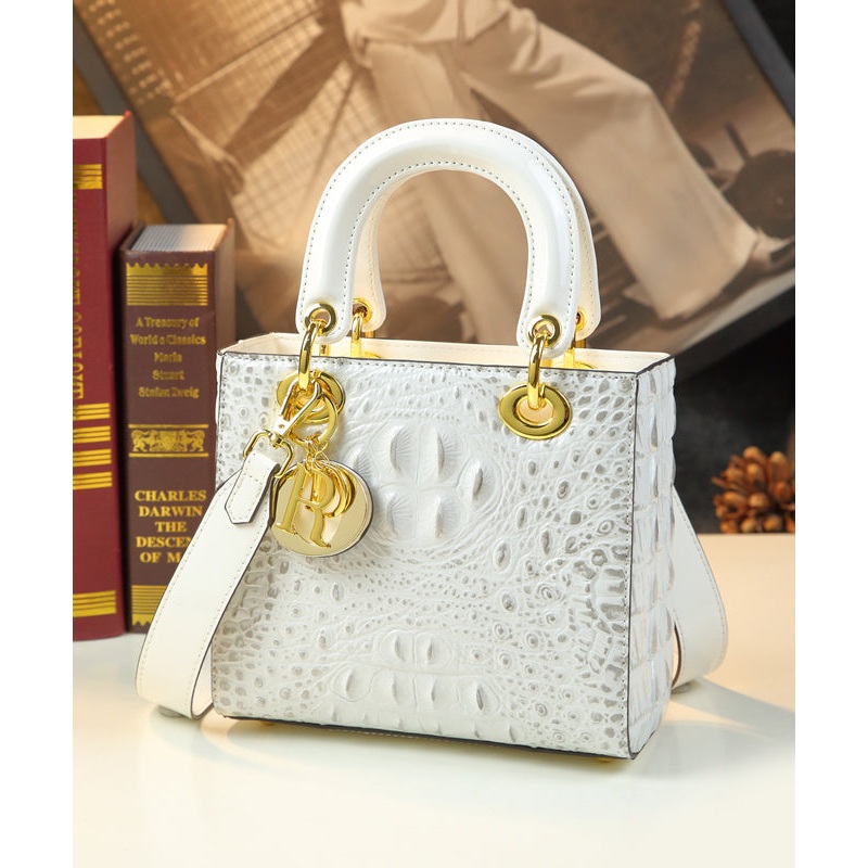 Stylish White Embossed Solid Durable Calf Leather Tote Handbag