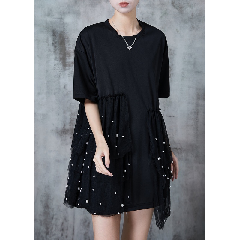 Unique Black Asymmetrical Patchwork Tulle Mini Dress Summer