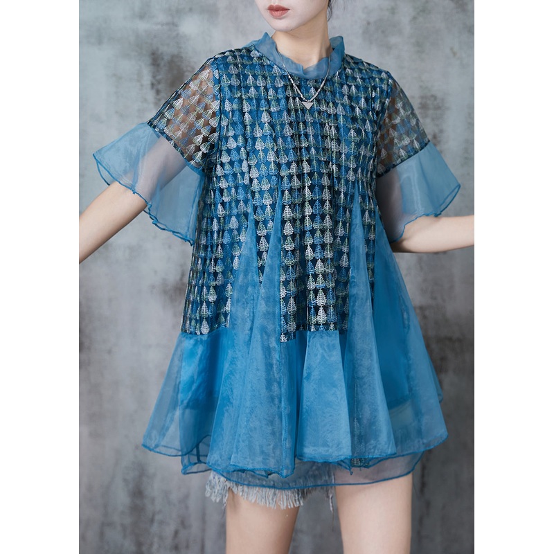 Unique Blue Print Patchwork Organza Shirt Top Summer