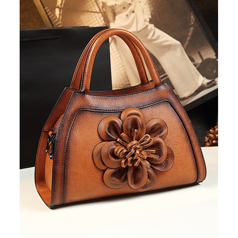 Unique Brown Floral Durable Calf Leather Tote Handbag