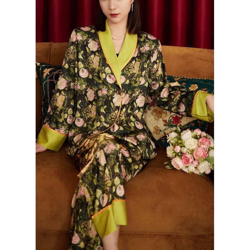 Unique Green Oversized Patchwork Floral Ice Silk Pajamas Two Pieces Set Spring